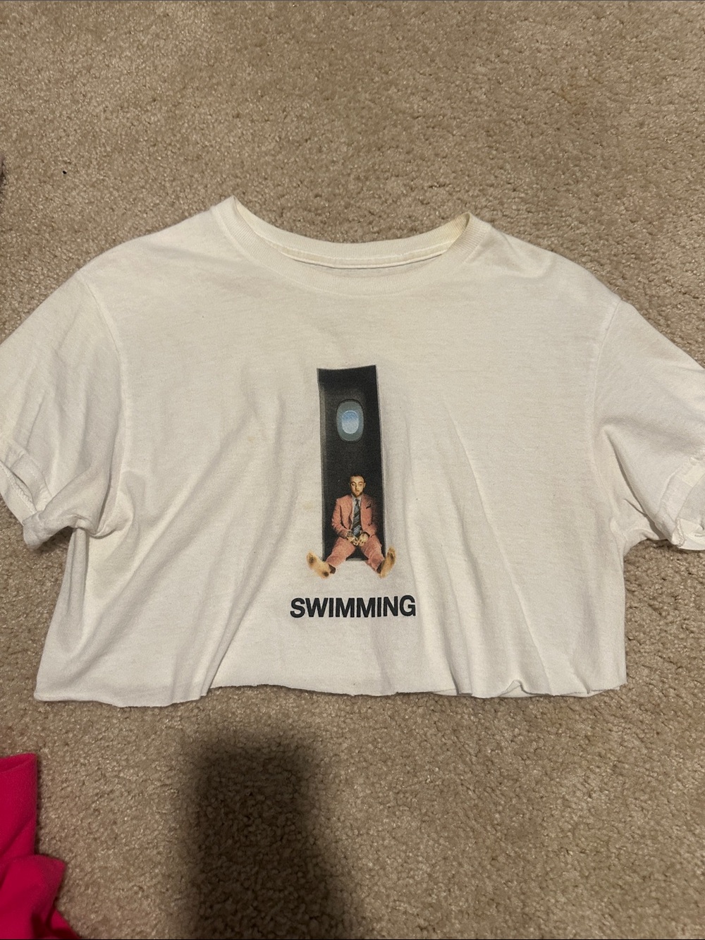 Cropped Graphic Tee with 'SWIMMING' Print in White